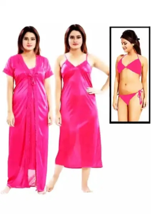 4-Part Satin Solid Women Nighty Set - Night Dress For Women